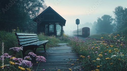 A serene, misty train platform bordered by vibrant wildflowers. A lonely bench invites contemplation, encapsulating the essence of peaceful travel.
