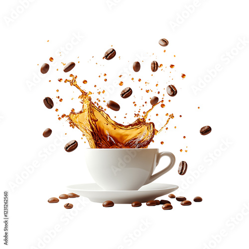 A cup of coffee with splashes and flying beans isolated on a transparent background, in PNG format