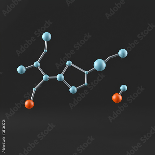 nitrobenzene molecule 3d rendering, flat molecular structure with chemical formula and atoms color coding photo