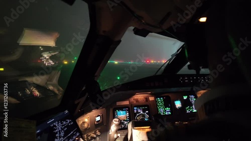 An Immersive pilot’s FPV perspective in a night taxi of a jet airplane along airport’s taxiways at night with dense fog. 4K 60FPS