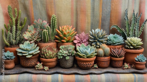 Wallpaper Mural 100.A detailed arrangement of miniature cactus plants, zebra plants, echeveria, and kalanchoe succulents in rustic clay pots, displayed on a striped fabric backdrop in earthy tones. Torontodigital.ca