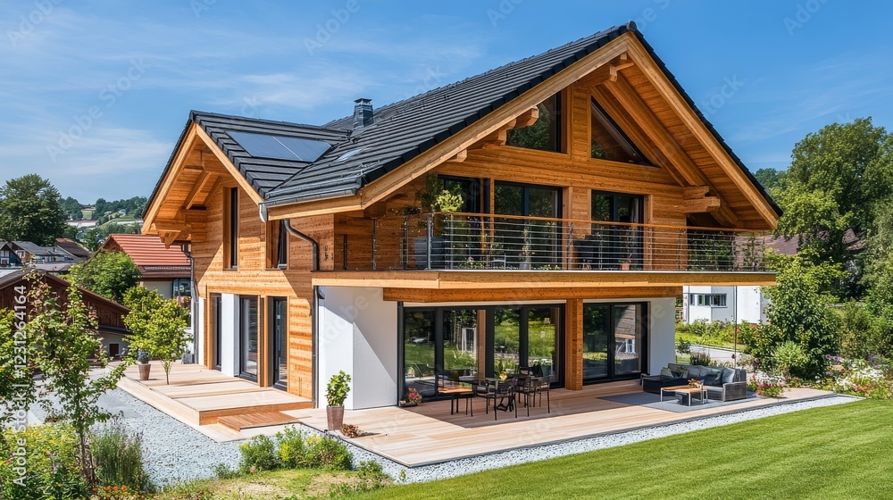 122.An elegant depiction of a wooden house in a peaceful Esslingen suburb, highlighting its contemporary design, warm wood tones, and the harmonious blend with the natural environment. 122.An elegant depiction of a wooden house in a peaceful Esslingen suburb, highlighting its contemporary design, warm wood tones, and the harmonious blend with the natural environment.