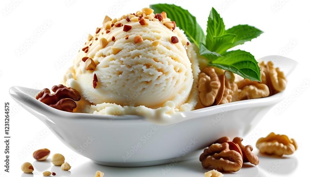 Delicious ice cream dessert with nuts and mint kitchen food photography bright close-up indulgence Delicious ice cream dessert with nuts and mint kitchen food photography bright close-up indulgence