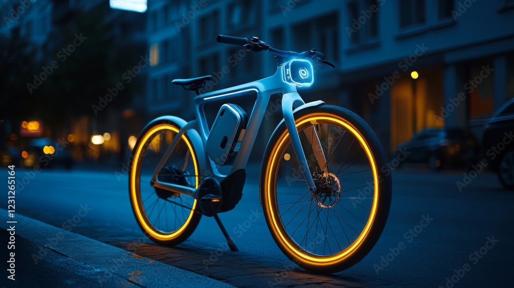 Sleek Electric Bicycle at Night in Urban Setting Sleek Electric Bicycle at Night in Urban Setting