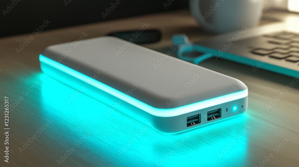White Portable Power Bank with Blue Light on Wooden Desk White Portable Power Bank with Blue Light on Wooden Desk