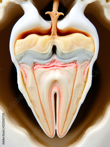 Anatomical intricacy: tooth structure, nerve, with a visible cartilaginous stage, detailed layers and components of a tooth, emphasizing the complex interplay of dental anatomy photo