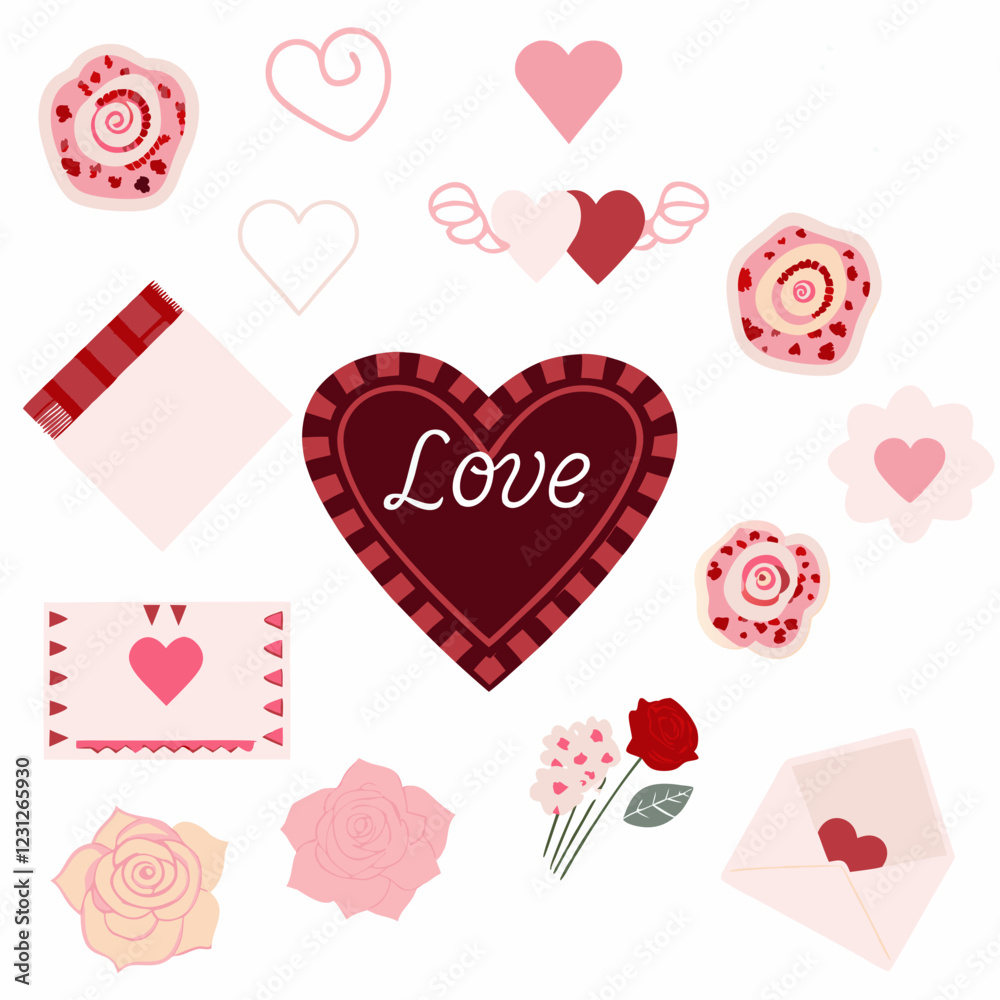 Romantic Valentine's Day Graphic Elements: A collection of charming illustrations for Valentine's Day, featuring hearts, roses, and love notes, perfect for adding a touch of romance to your designs. Romantic Valentine's Day Graphic Elements: A collection of charming illustrations for Valentine's Day, featuring hearts, roses, and love notes, perfect for adding a touch of romance to your designs.