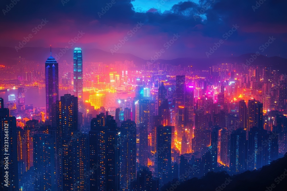 Fototapeta premium A city skyline at night with buildings glowing in vibrant colors, creating a dynamic, futuristic scene.