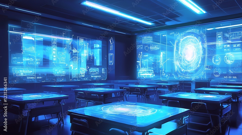 A futuristic classroom with glowing holographic story projections that dynamically change based on student interaction.