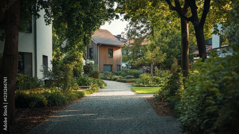 121.A well-lit scene capturing the essence of modern suburban architecture in Baden-Württemberg, featuring a wooden home with minimalist details, framed by tidy gardens and trees. 121.A well-lit scene capturing the essence of modern suburban architecture in Baden-Württemberg, featuring a wooden home with minimalist details, framed by tidy gardens and trees.