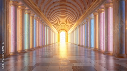 Pastel Columns Hallway Leading to Radiant Light