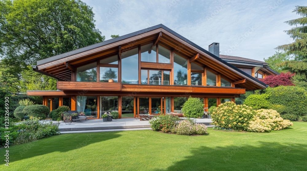 119.A scenic composition showcasing the exterior of a contemporary wooden house in a quiet Baden-Württemberg suburb, with large windows, a sloped roof, and manicured landscaping. 119.A scenic composition showcasing the exterior of a contemporary wooden house in a quiet Baden-Württemberg suburb, with large windows, a sloped roof, and manicured landscaping.
