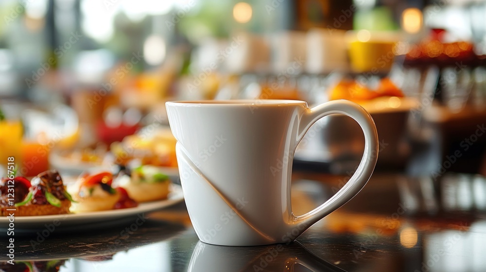 White coffee mug on table with breakfast buffet. White coffee mug on table with breakfast buffet.