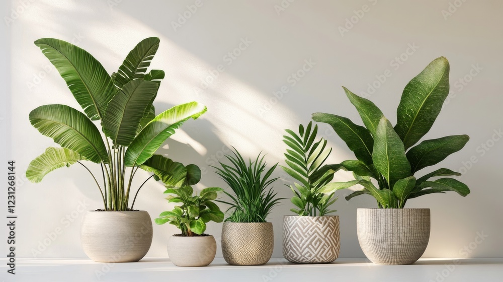 33.A stylish vector composition showcasing tropical leaves and diverse plant types displayed in minimalist and patterned pots, with a soft neutral background enhancing the lush greenery. 33.A stylish vector composition showcasing tropical leaves and diverse plant types displayed in minimalist and patterned pots, with a soft neutral background enhancing the lush greenery.