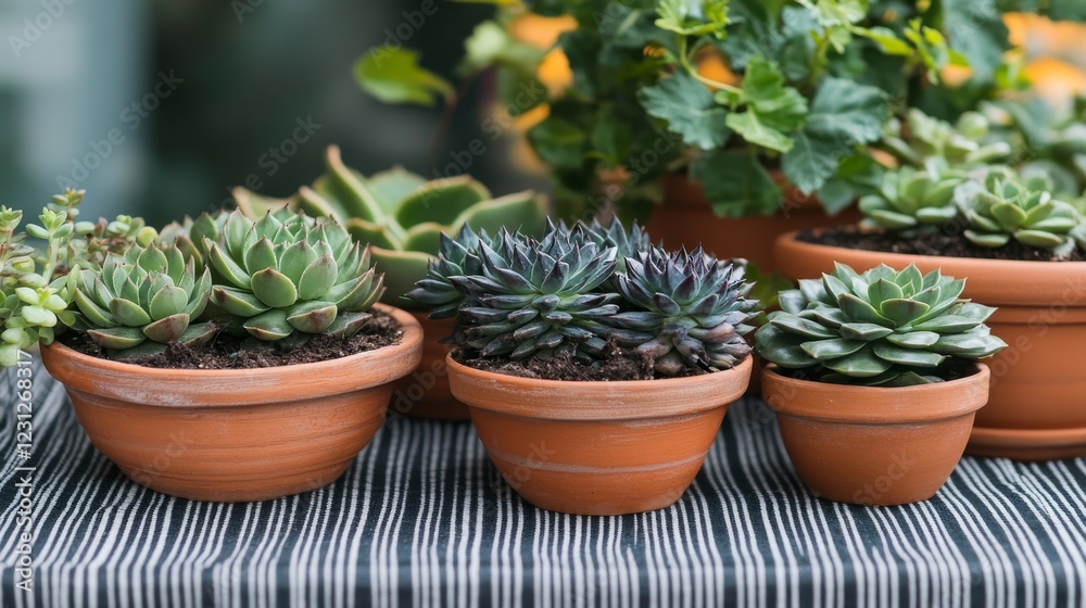 103.A tabletop arrangement showcasing an eclectic mix of succulents, from spiky cacti to leafy echeveria, set in terracotta pots, with the striped tablecloth adding a stylish pattern to the scene. 103.A tabletop arrangement showcasing an eclectic mix of succulents, from spiky cacti to leafy echeveria, set in terracotta pots, with the striped tablecloth adding a stylish pattern to the scene.