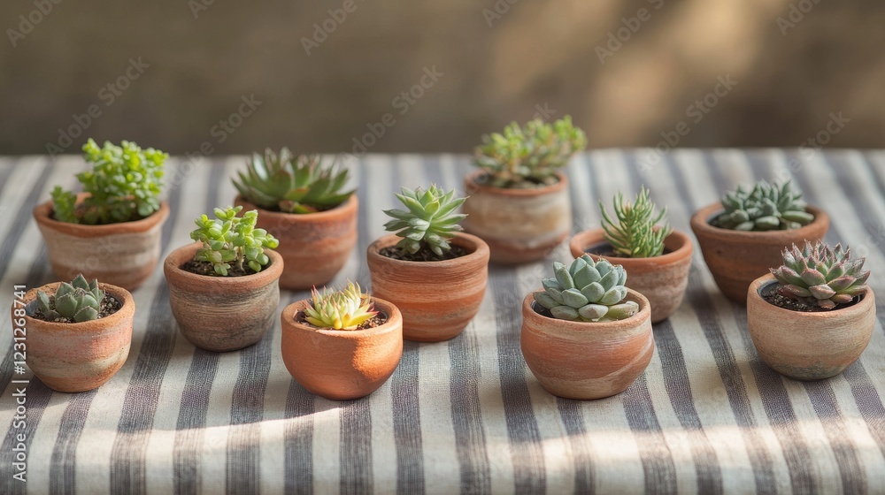 custom made wallpaper toronto digital101.A vibrant collection of small succulents and cacti in handcrafted clay pots, arranged on a neatly folded striped tablecloth, with soft natural light highlighting their unique textures.