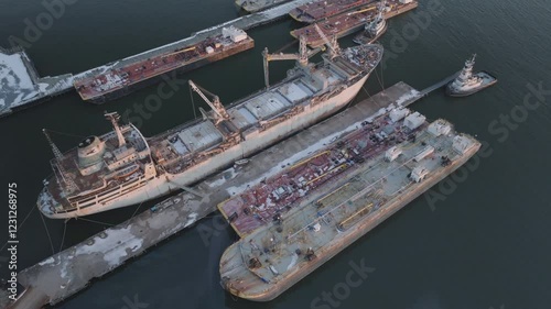 Aerial view of a docked ship. Shot on a winter afternoon in Brooklyn. photo