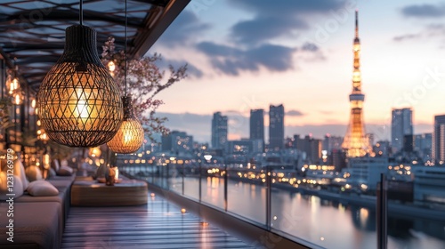 Serene Rooftop Terrace with City Skyline at Twilight: A Luxurious and Peaceful Evening Ambiance
