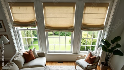 A living room with a couch and a plant. The couch is covered with a blanket. There are three windows in the room