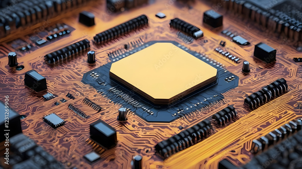 Close up of a gold CPU processor on a circuit board, representing technological advancement and computing power Close up of a gold CPU processor on a circuit board, representing technological advancement and computing power