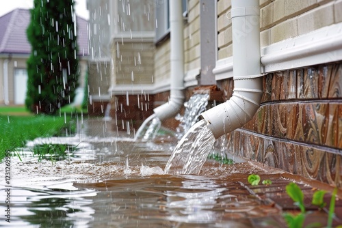 Heavy Rainwater Flows Down the Drainpipe of a House, Flooding the Yard During a Downpour