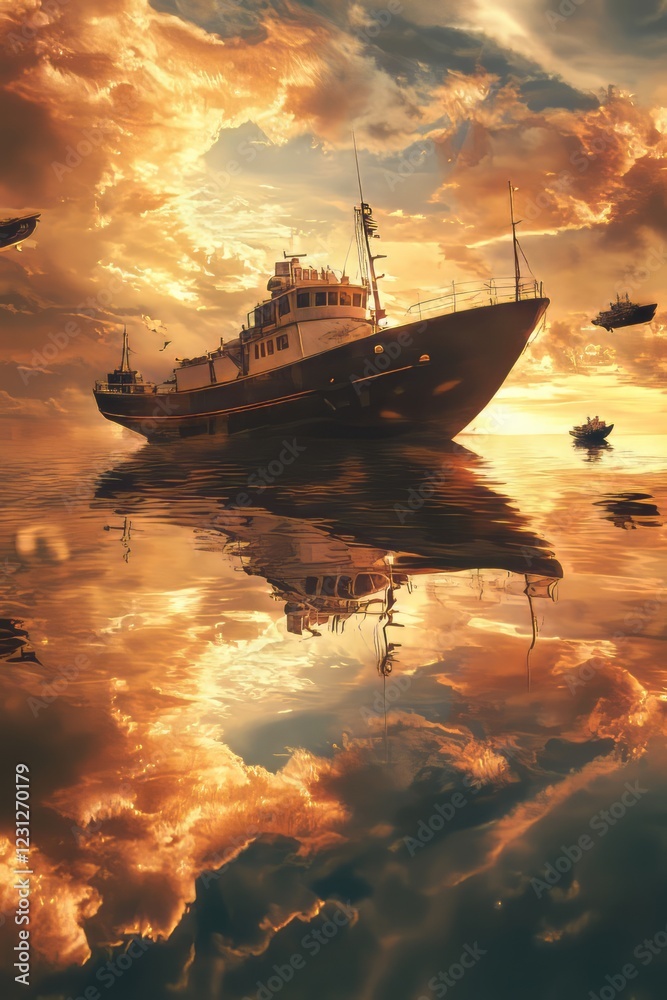 Fototapeta premium A stunning ship sails through a serene ocean, reflecting a vibrant sunset sky with dramatic clouds.