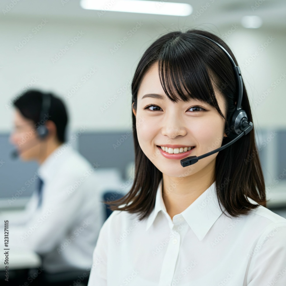 Professional Japanese Call Center Operator Providing Customer Support with a Friendly Smile Professional Japanese Call Center Operator Providing Customer Support with a Friendly Smile