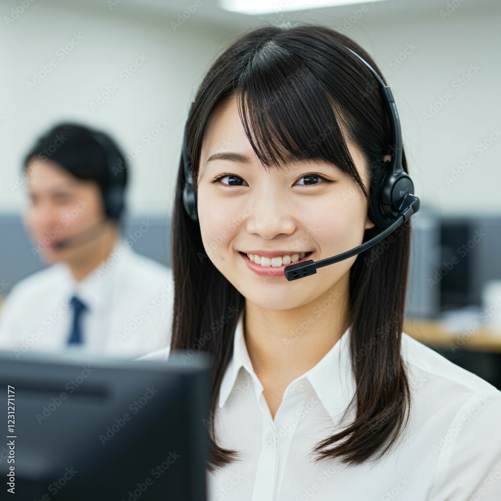Professional Japanese Call Center Operator Providing Customer Support with a Friendly Smile Professional Japanese Call Center Operator Providing Customer Support with a Friendly Smile
