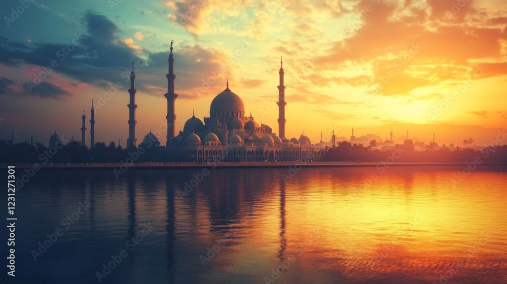 Naklejka premium Majestic Mosque at Sunset Reflected in Calm Water