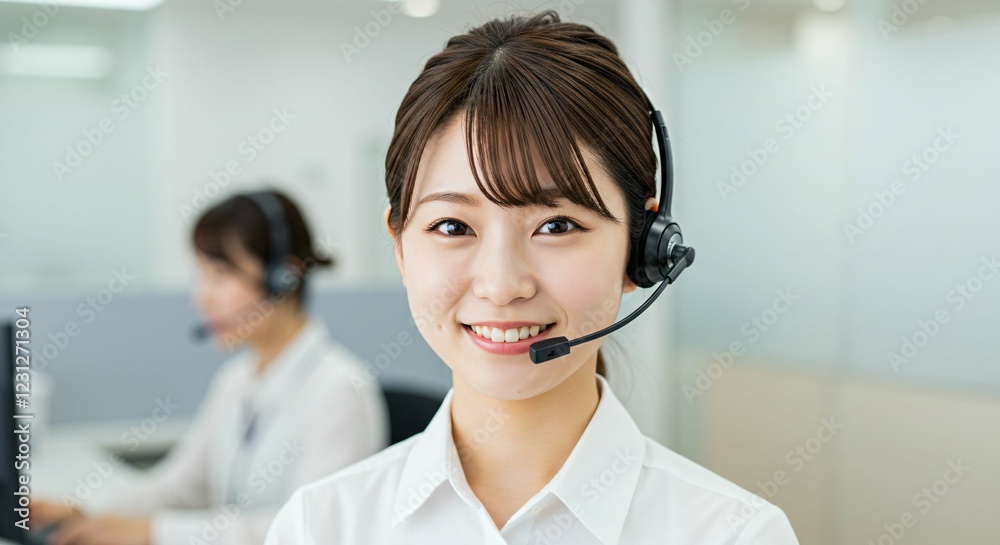 Professional Japanese Call Center Operator Providing Customer Support with a Friendly Smile Professional Japanese Call Center Operator Providing Customer Support with a Friendly Smile