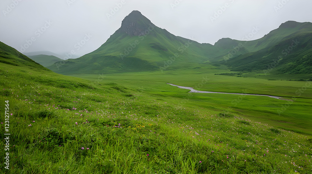 Fototapeta premium Lush green valley, misty mountains, wildflowers, tranquil scene, travel poster