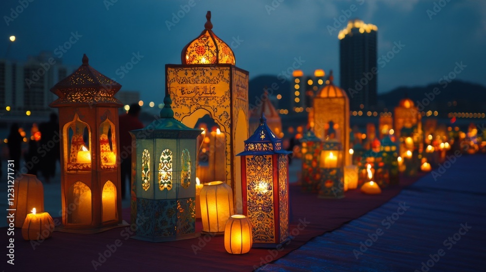 Fototapeta premium Ornate Lanterns and Candles Glow at Night City Festival