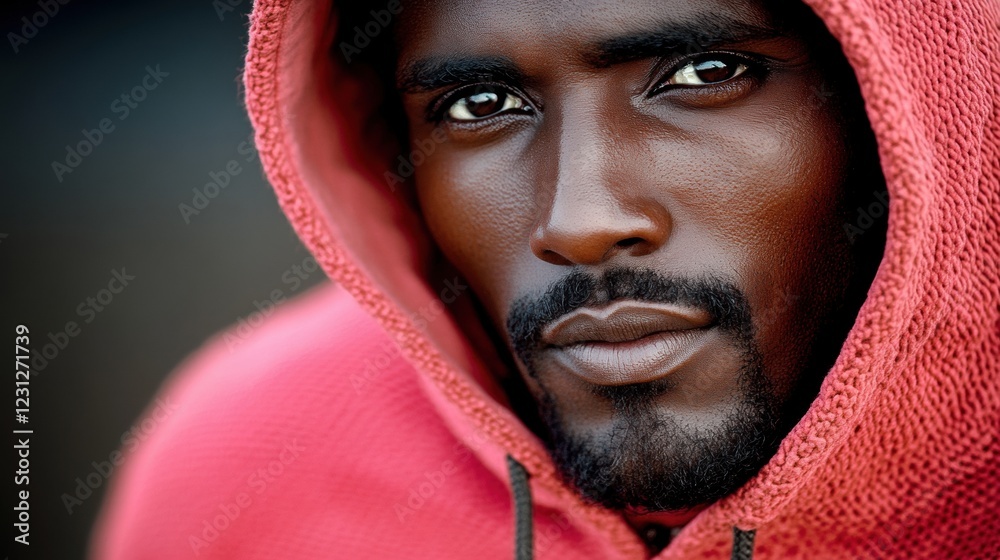 Portrait of a Man in a Red Hoodie with Intense Expression Portrait of a Man in a Red Hoodie with Intense Expression