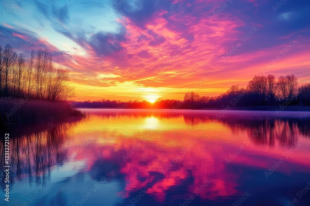 A colorful sunset reflecting off the surface of a calm lake, creating a glowing, serene atmosphere. A colorful sunset reflecting off the surface of a calm lake, creating a glowing, serene atmosphere.