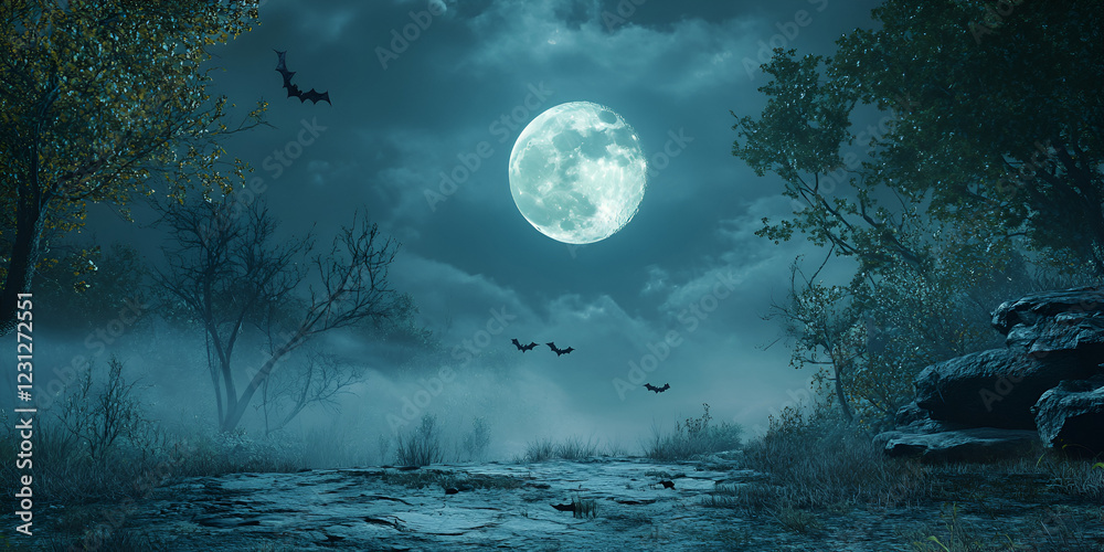 Naklejka premium Full moon over peaceful Easter night, celestial holiday atmosphere