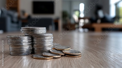 A stack of coins sitting on top of a wooden table photo