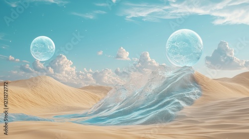 Surreal Desert Oasis: Where Ice Meets Sand Under Two Celestial Globes photo