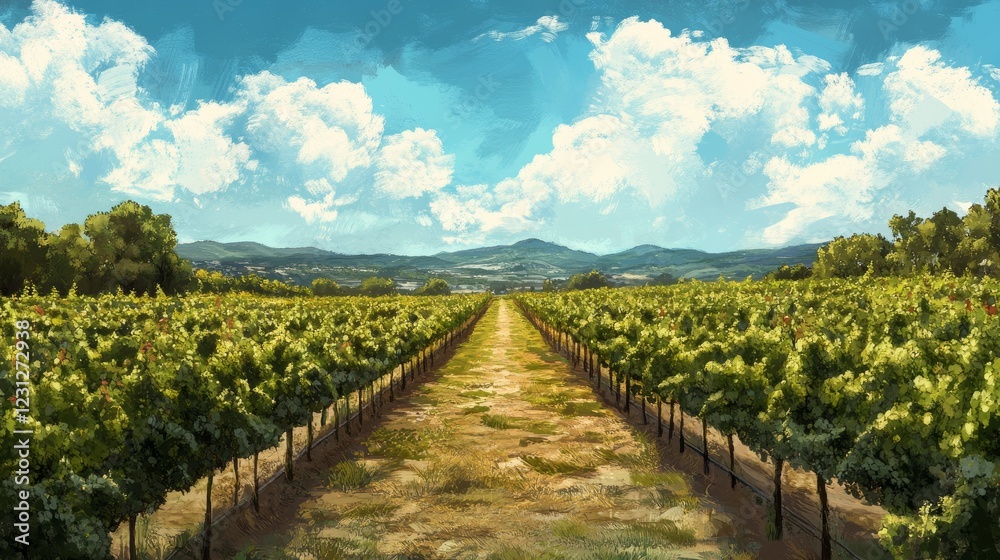 Naklejka premium A painting of a vineyard with a cloudy sky in the background. The painting is in a style that is reminiscent of a watercolor