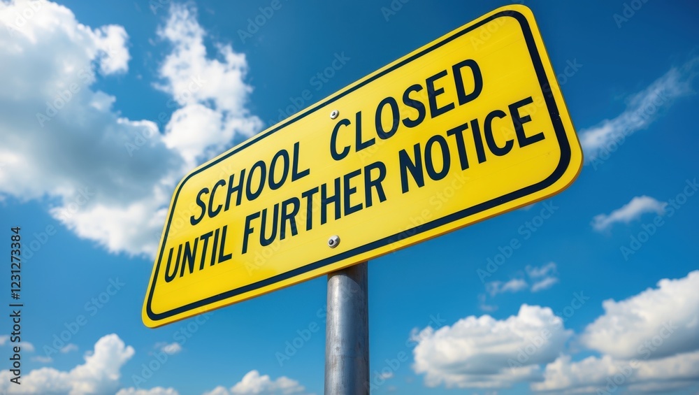School Closed Sign Against Bright Sky and Fluffy White Clouds School Closed Sign Against Bright Sky and Fluffy White Clouds