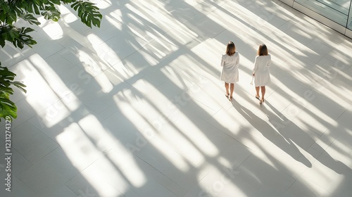 Two Women in White Dresses Walking Away, Sunlight and Shadows