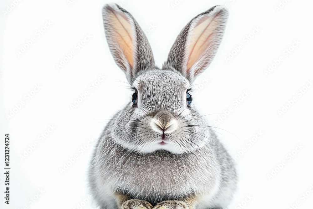 Fototapeta premium Gray rabbit portrait with fluffy fur and expressive eyes in soft natural light for decoration or postcard