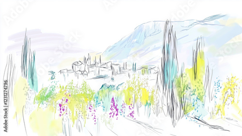 Artistic digital sketch of a picturesque vineyard with grapevines, a hilltop ...