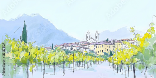 Artistic digital sketch of a picturesque vineyard with grapevines, a hilltop ...