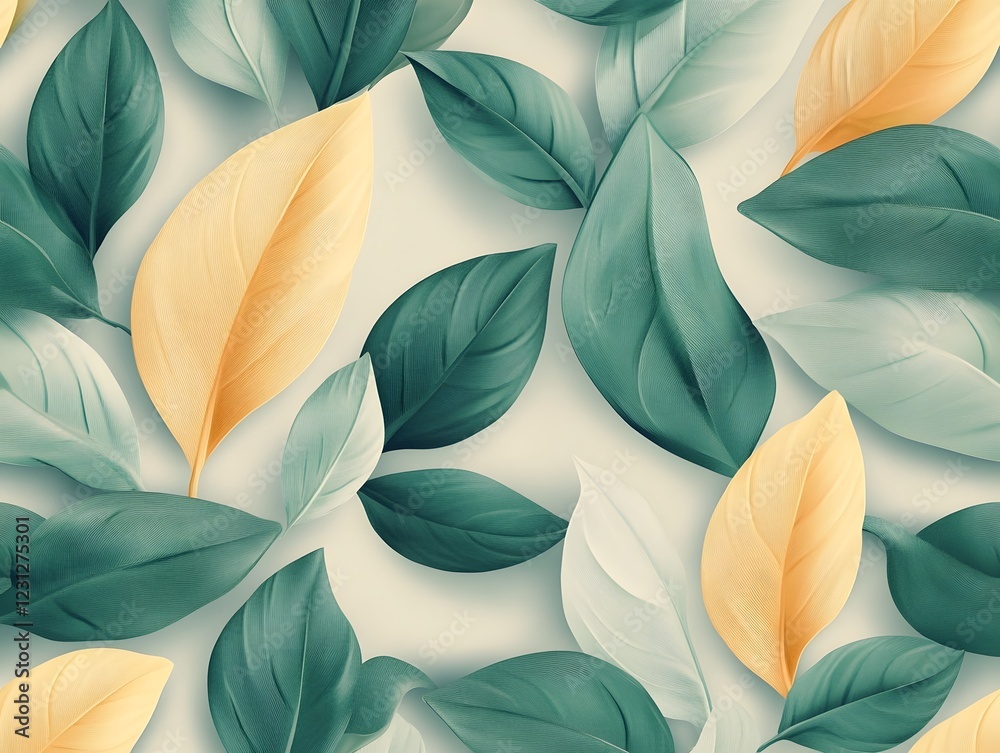 Seamless Abstract Decorative 3D Leaves Pattern Background with Teal and Yellow Gradient Seamless Abstract Decorative 3D Leaves Pattern Background with Teal and Yellow Gradient