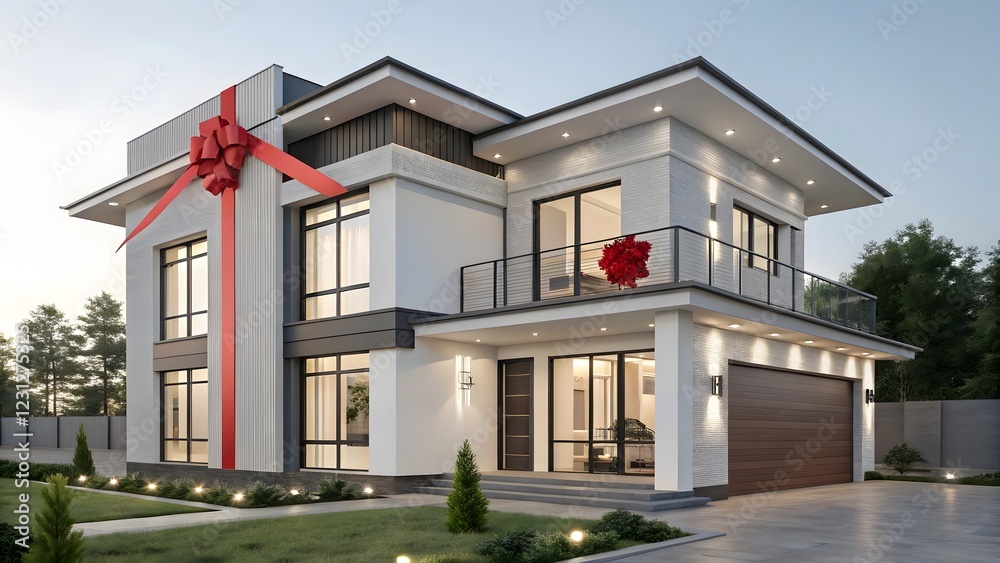 Fototapeta premium Modern Minimalist House with Red Gift Bow – 3D Real Estate Art V1