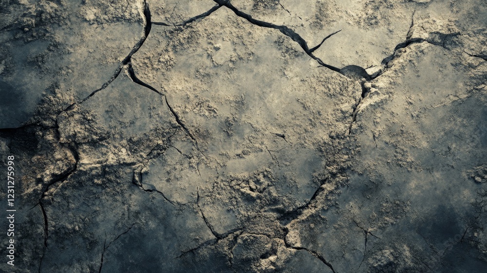 Obraz premium Close-up view of cracked ground surface, showcasing a rugged texture with earthy tones. This image captures the essence of arid landscapes and the beauty of natural patterns.