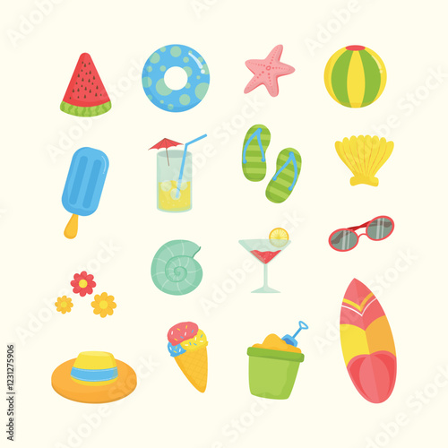 Colorful Summer Elements and Beach Essentials Collection Hand Drawn Flat Design