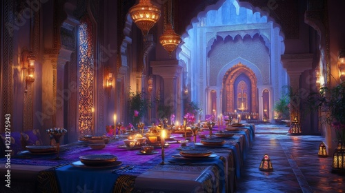 Opulent Palace Interior at Night with Candlelit Tables