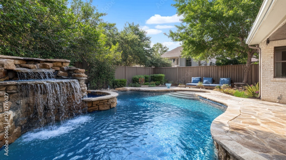 Backyard Pool Oasis Luxury pool, waterfall, patio, sunny day, residential property Backyard Pool Oasis Luxury pool, waterfall, patio, sunny day, residential property