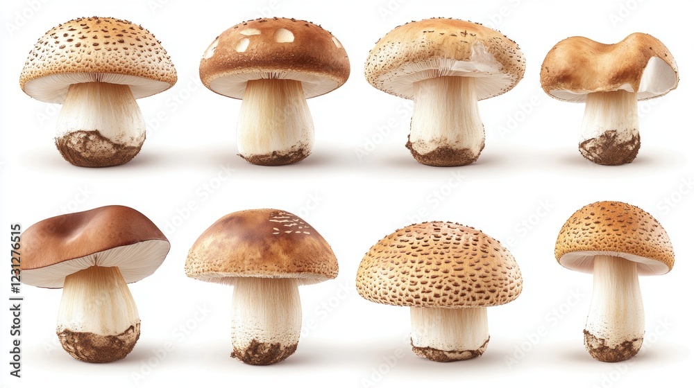 Diverse Varieties of Fresh Mushrooms on a White Background Diverse Varieties of Fresh Mushrooms on a White Background